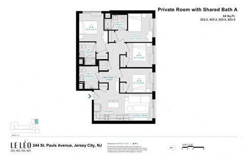 A floor plan of a private room with a shared bath.